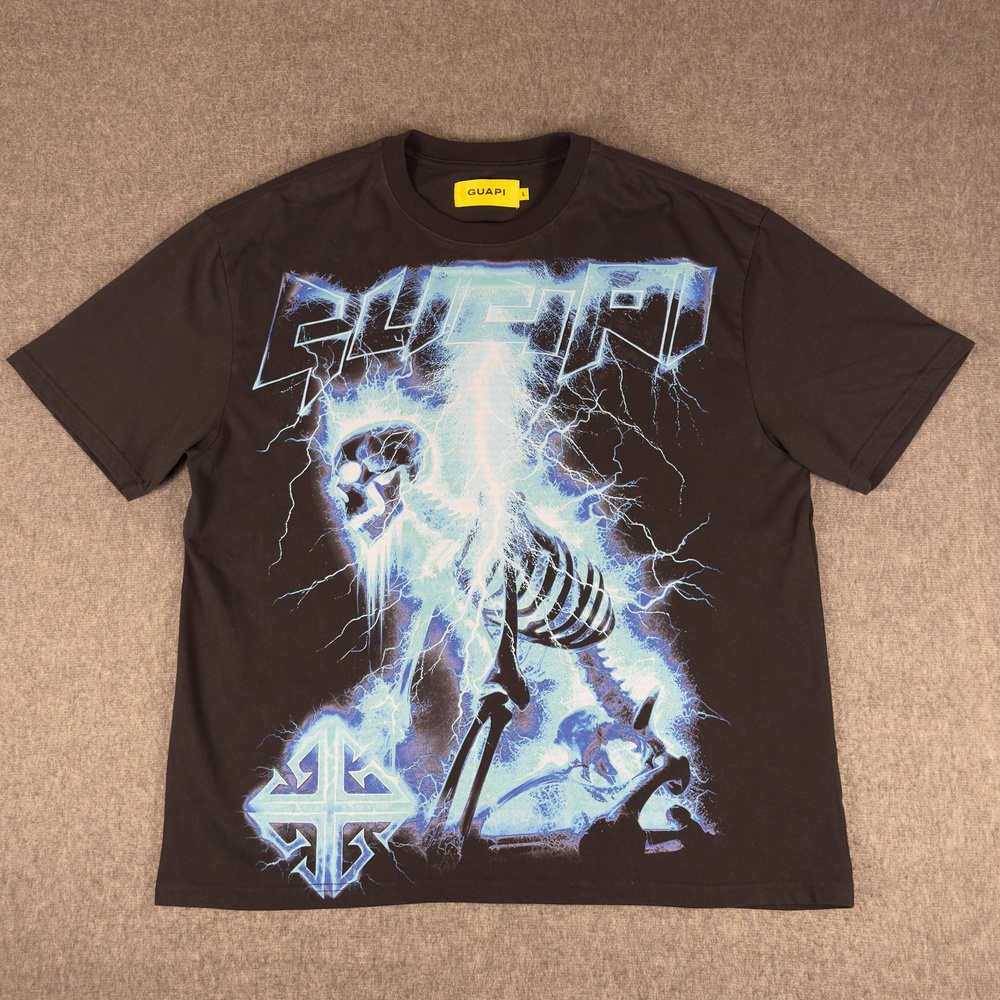 Guapi Shirt Mens Large Black Lightning Skull Skeleton Graphic Tee T-Shirt